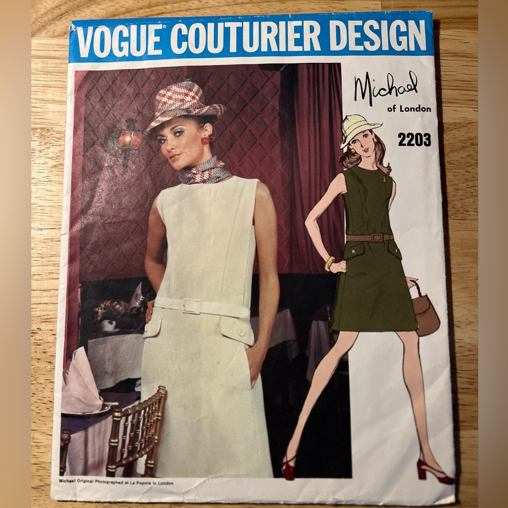 Vogue Couturier Design # 2203 A- Line dress White and Olive Dress Pattern Uncut